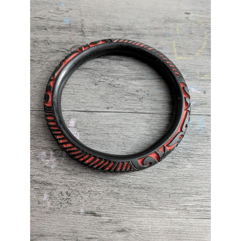 Vintage Carved Cinnabar Style Bangle Bracelet Black Red Floral Geometric